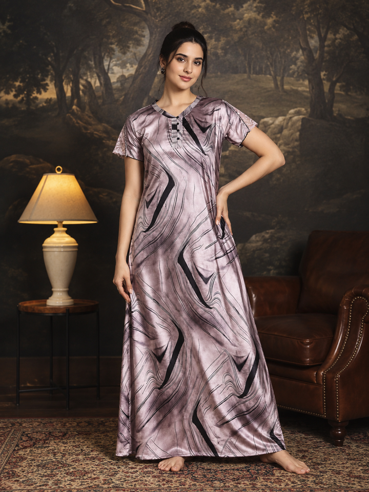 Misty Rose Whisper Luxurious Satin Nightdress with Delicate Lace