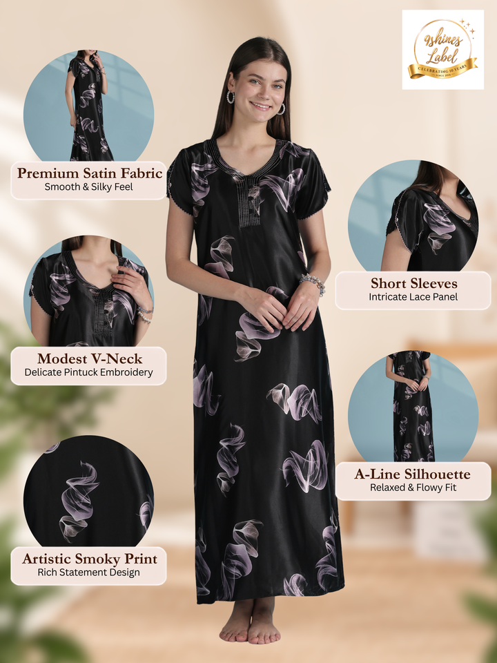 Premium Satin Nighty for Women with Smoky Print Design