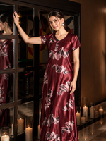 Smoky Print Satin Nighty for Women with Lace Sleeve Detail