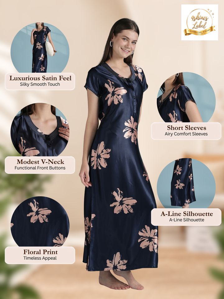 Luxury Satin Nighty for Women with Artistic Floral Print Design