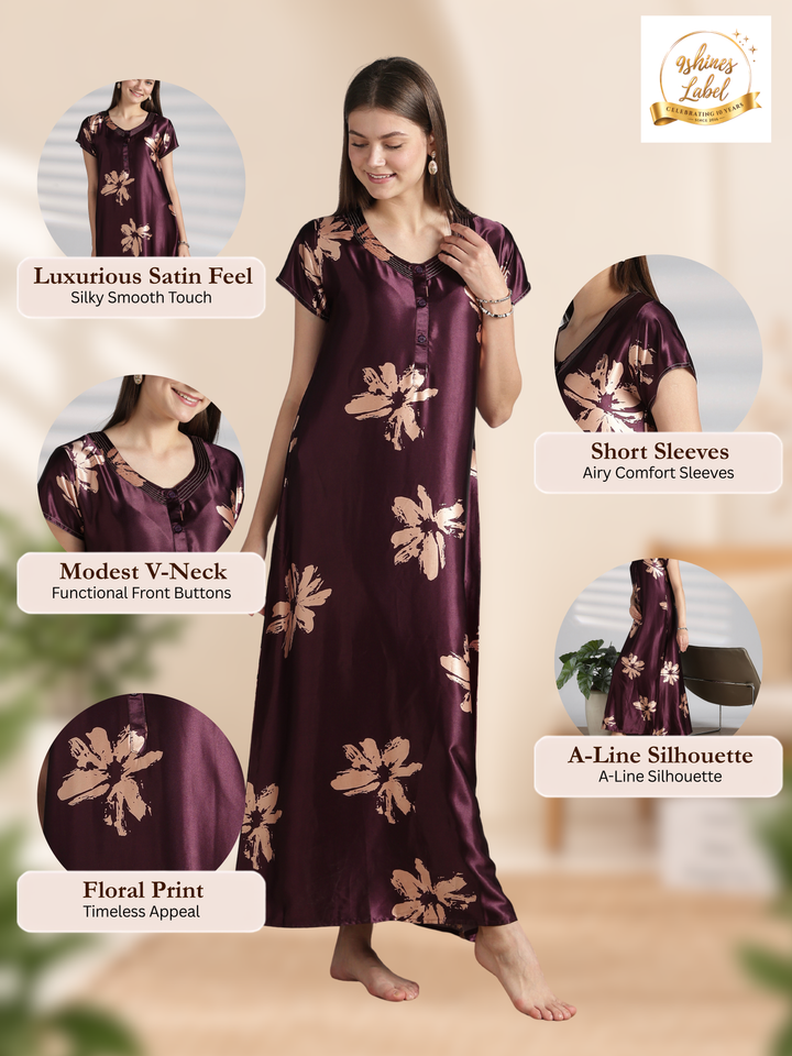 Functional Front Buttons Floral Satin Nighty with Graceful A Line Drape