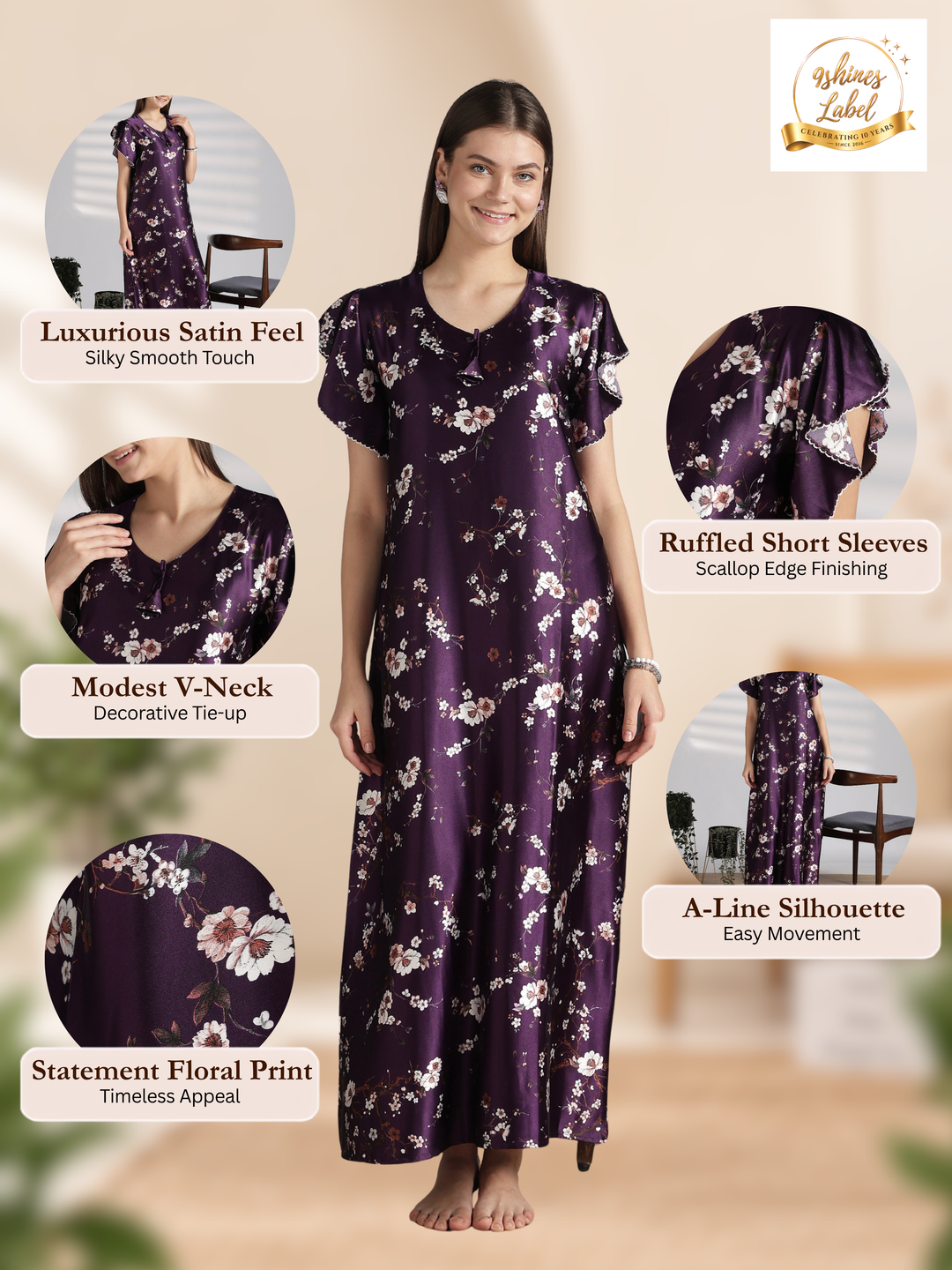 Ruffle Sleeve Satin Nighty with Floral Print and Tie Up Neck