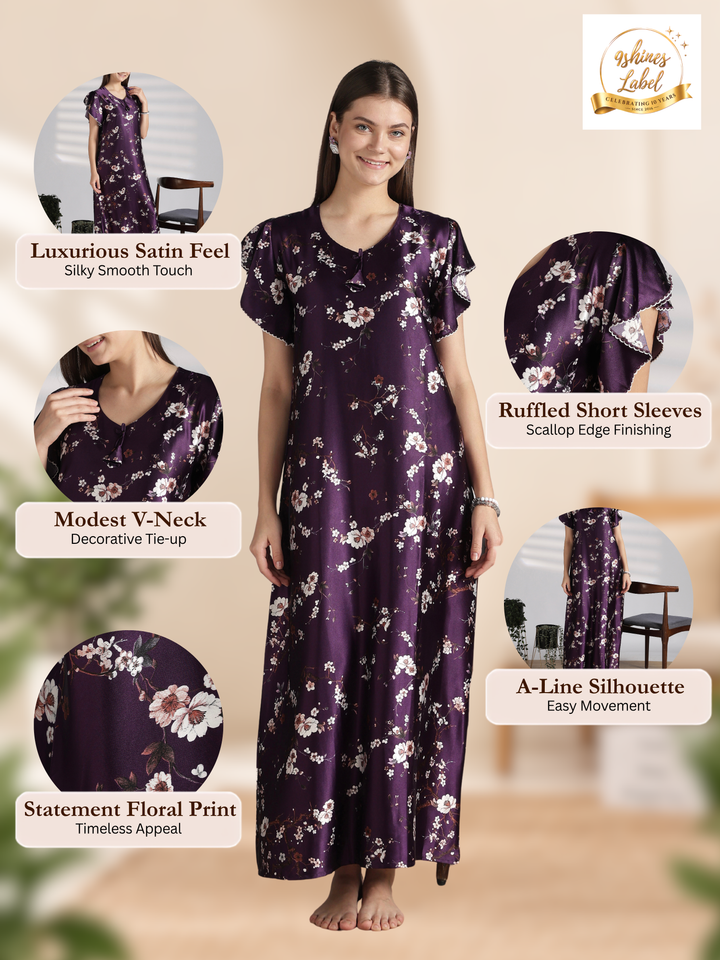Ruffle Sleeve Satin Nighty with Floral Print and Tie Up Neck