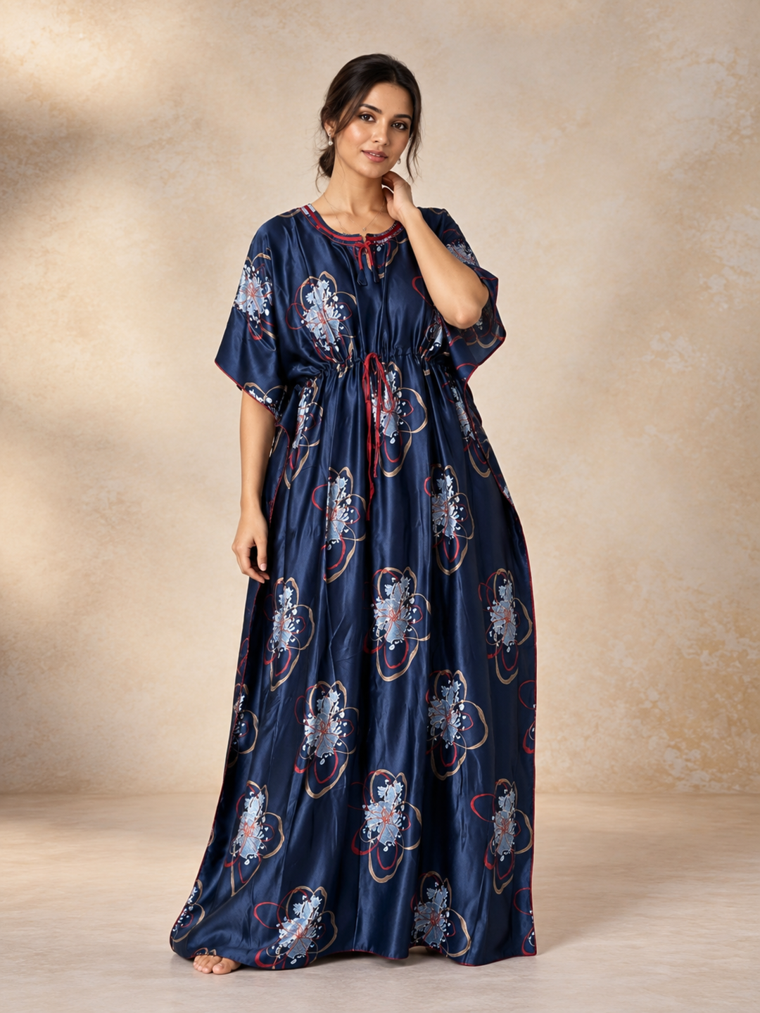 Abstract Floral Satin Kaftan Nighty with Adjustable Waist Navy
