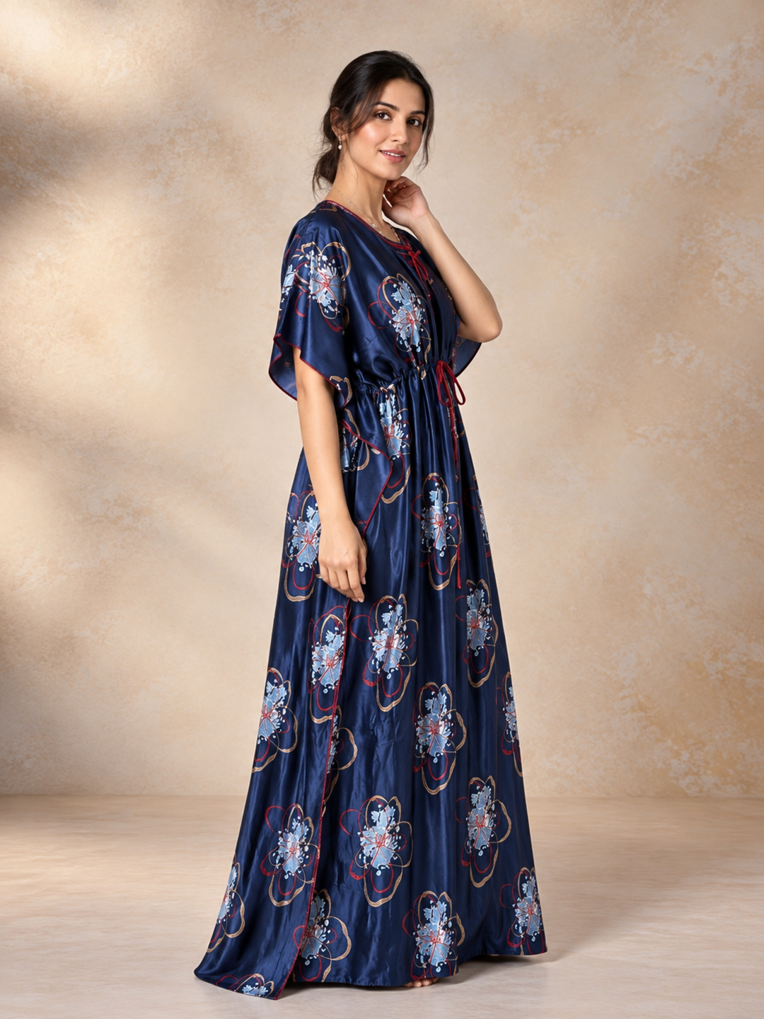 Abstract Floral Satin Kaftan Nighty with Adjustable Waist Navy
