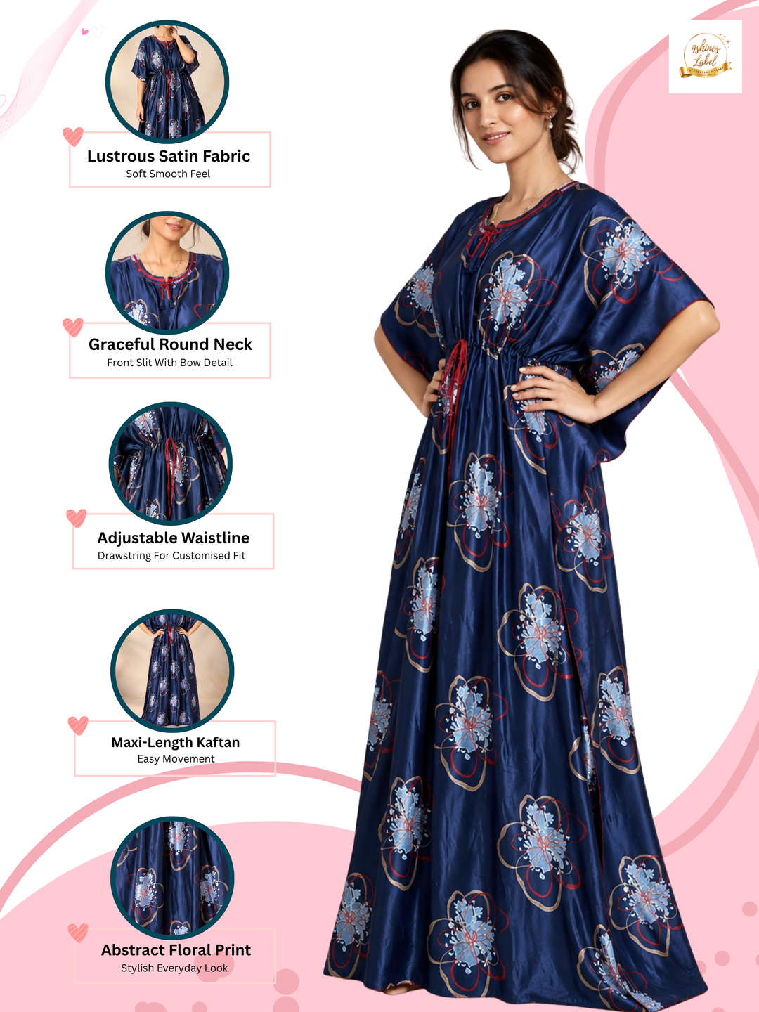 Abstract Floral Satin Kaftan Nighty with Adjustable Waist Navy