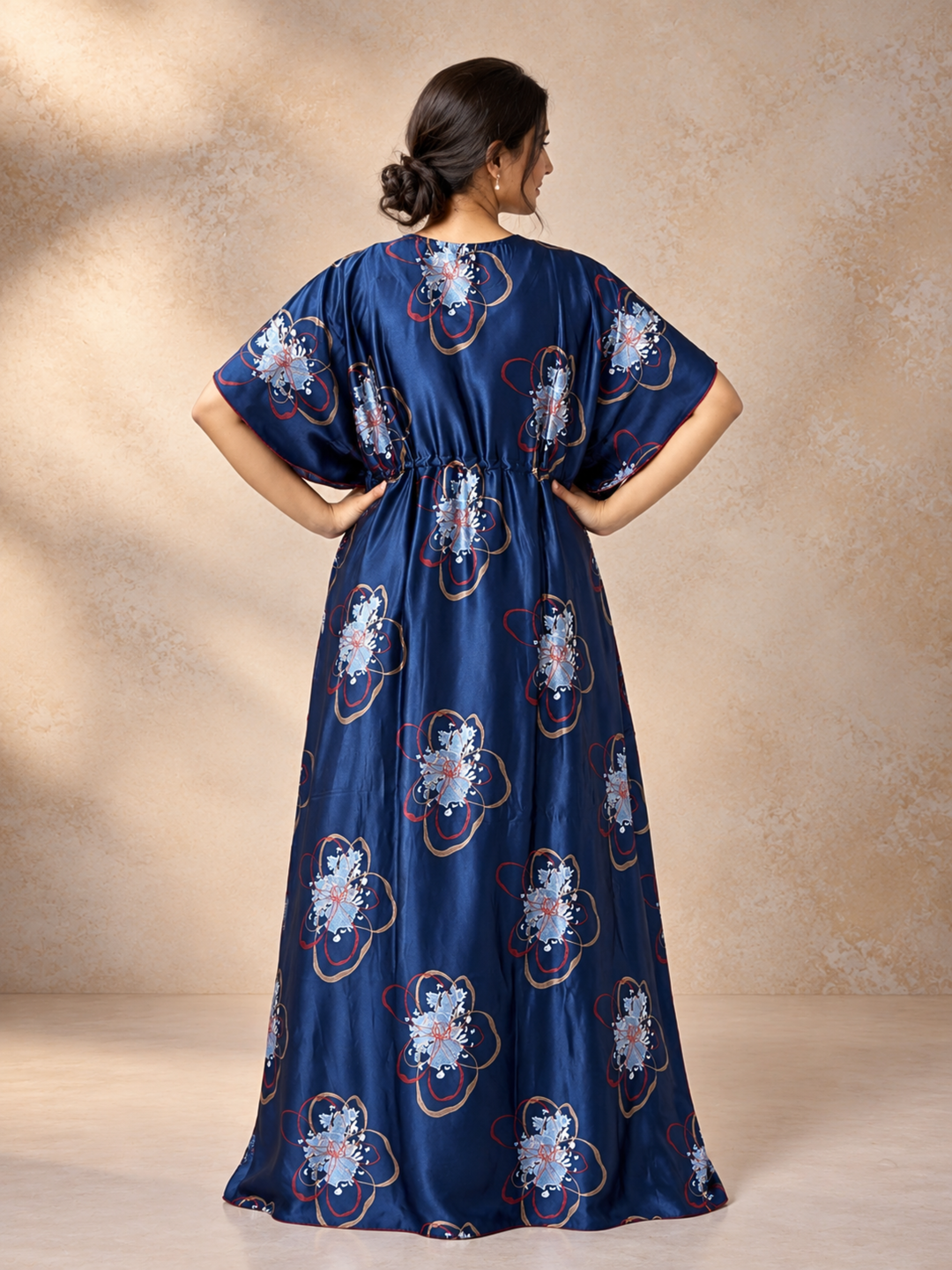 Abstract Floral Satin Kaftan Nighty with Adjustable Waist Navy