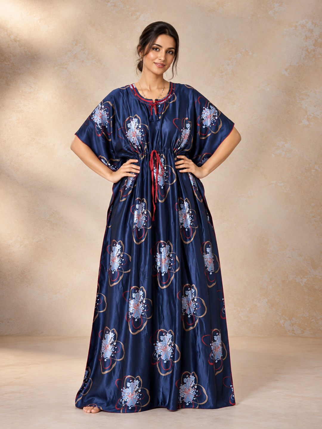 Abstract Floral Satin Kaftan Nighty with Adjustable Waist Navy