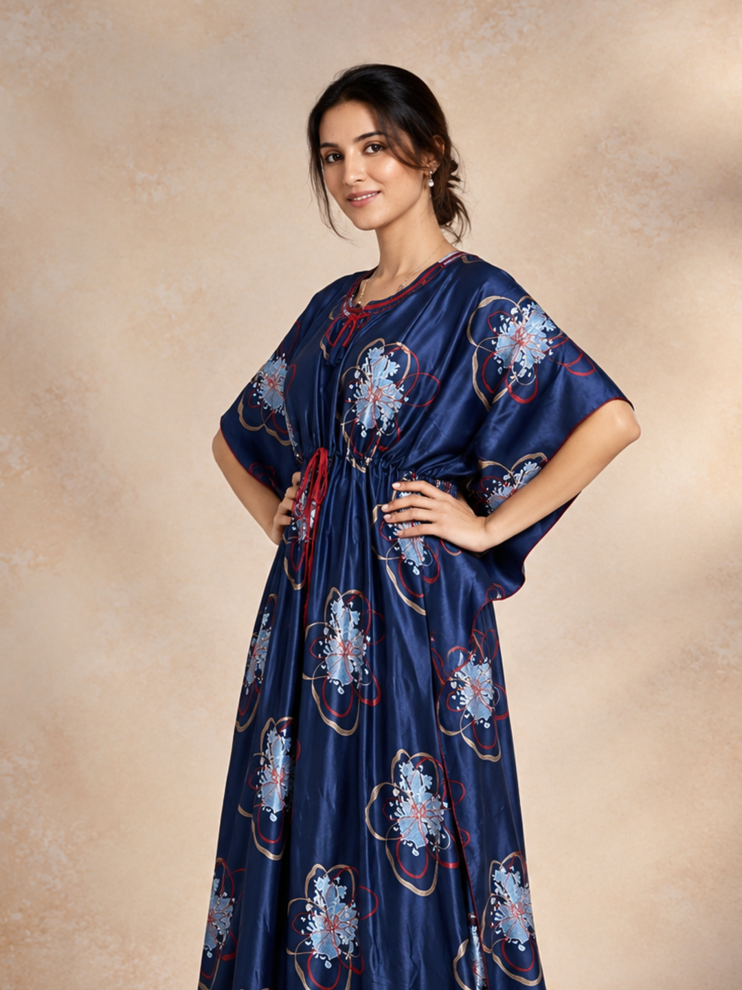 Abstract Floral Satin Kaftan Nighty with Adjustable Waist Navy