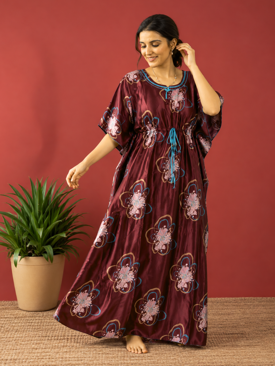 Abstract Floral Satin Kaftan Nighty with Adjustable Waist Wine