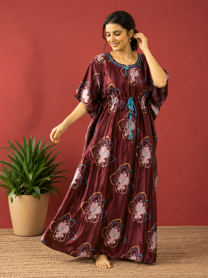 Abstract Floral Satin Kaftan Nighty with Adjustable Waist Wine