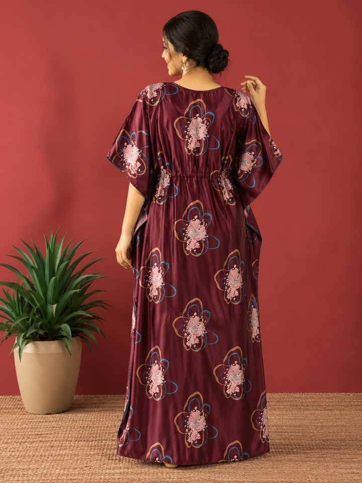 Abstract Floral Satin Kaftan Nighty with Adjustable Waist Wine