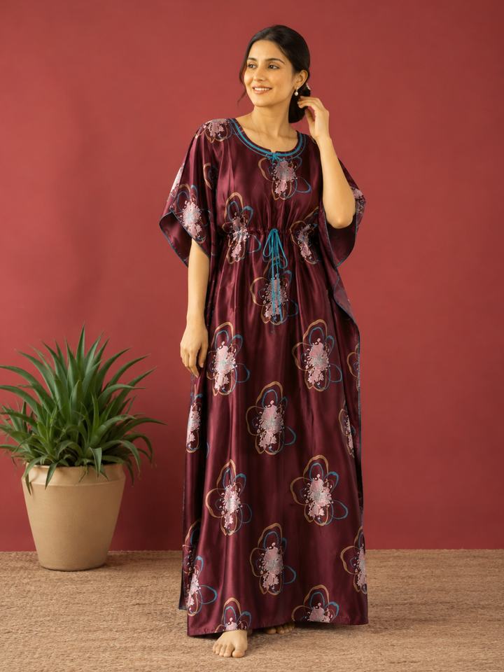 Abstract Floral Satin Kaftan Nighty with Adjustable Waist Wine