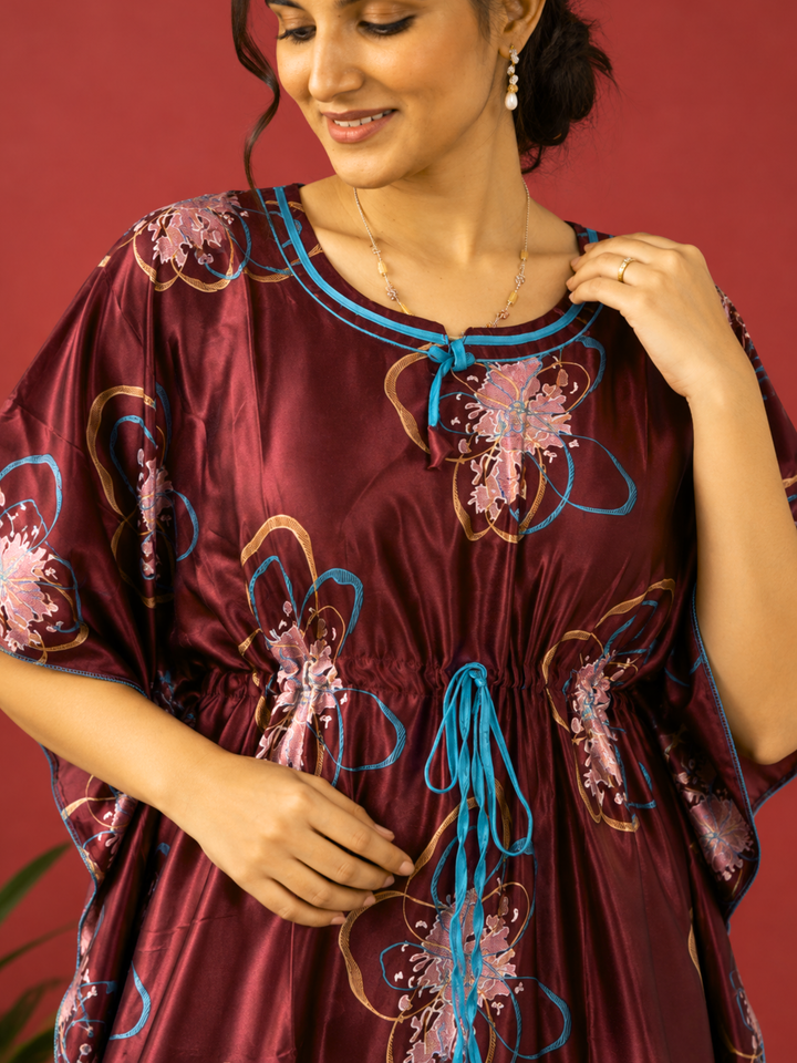 Abstract Floral Satin Kaftan Nighty with Adjustable Waist Wine
