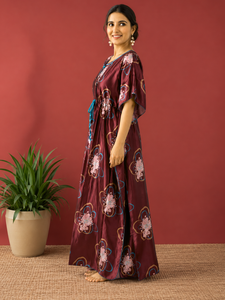Abstract Floral Satin Kaftan Nighty with Adjustable Waist Wine