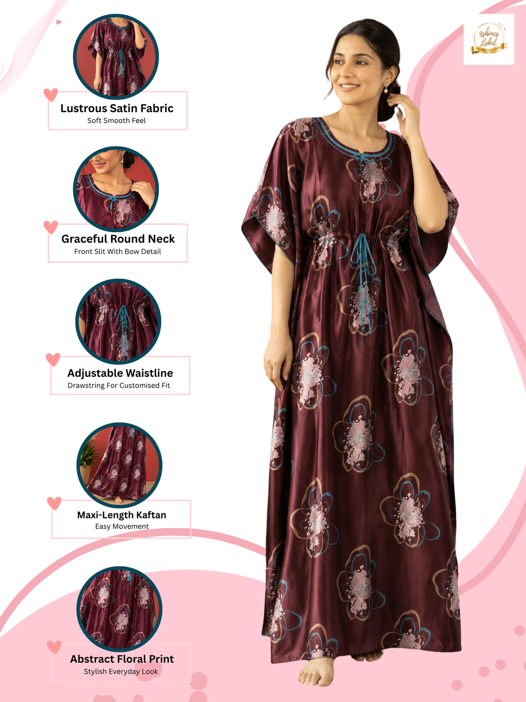 Abstract Floral Satin Kaftan Nighty with Adjustable Waist Wine