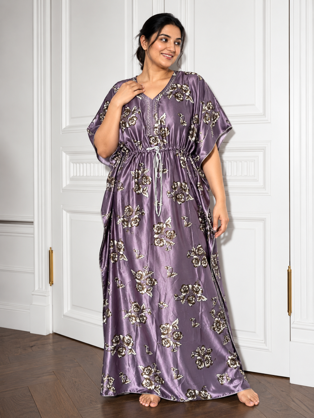 Lavender Floral Satin Kaftan Nighty for Women
