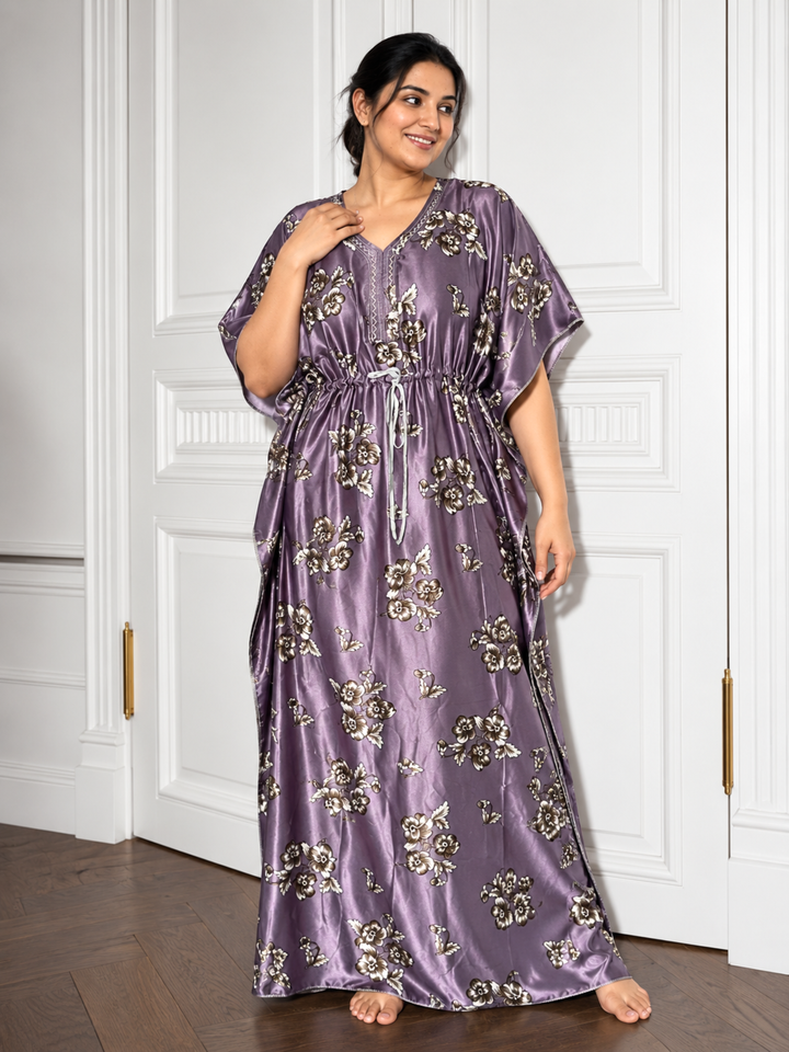 Lavender Floral Satin Kaftan Nighty for Women