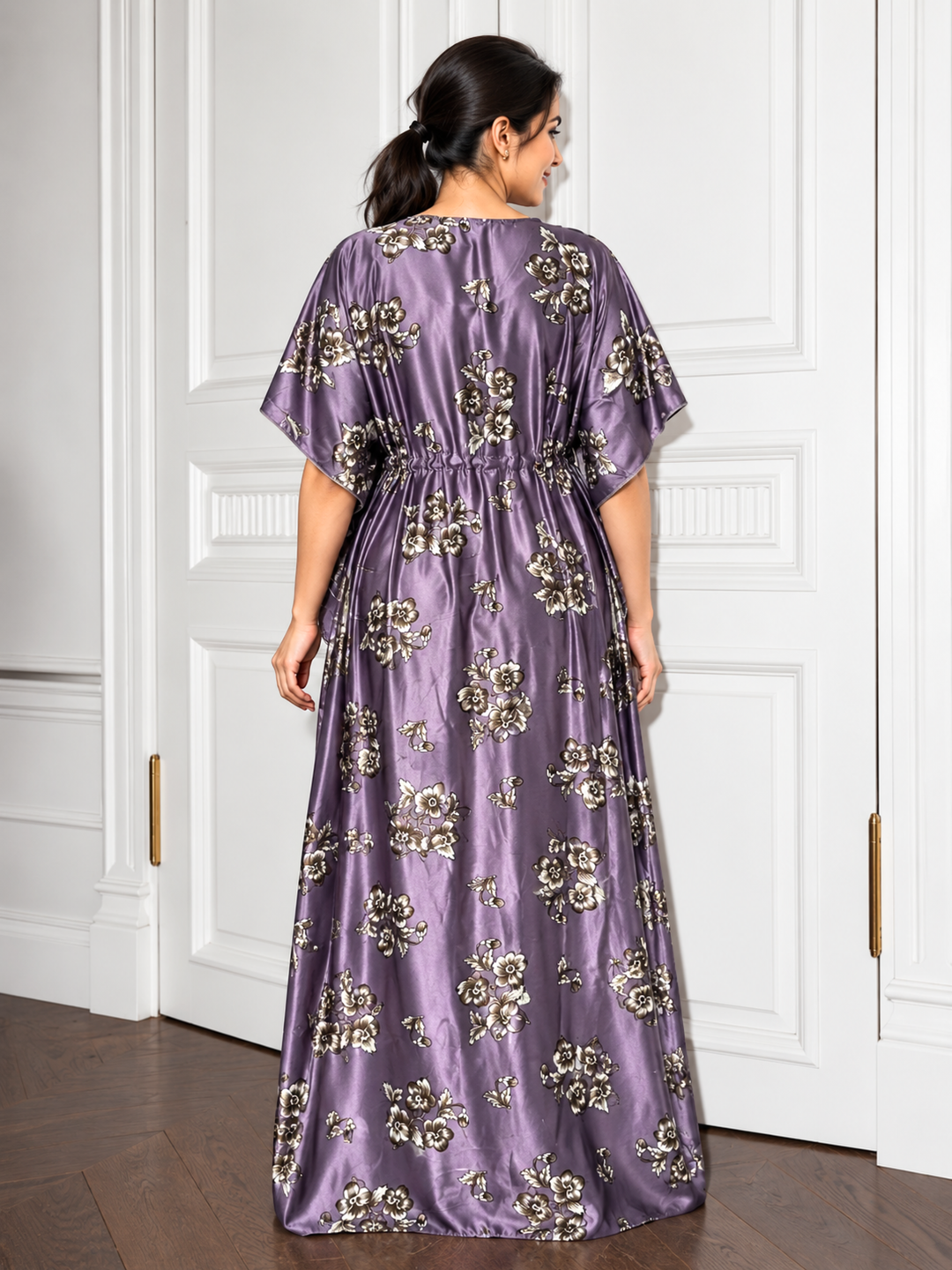 Lavender Floral Satin Kaftan Nighty for Women