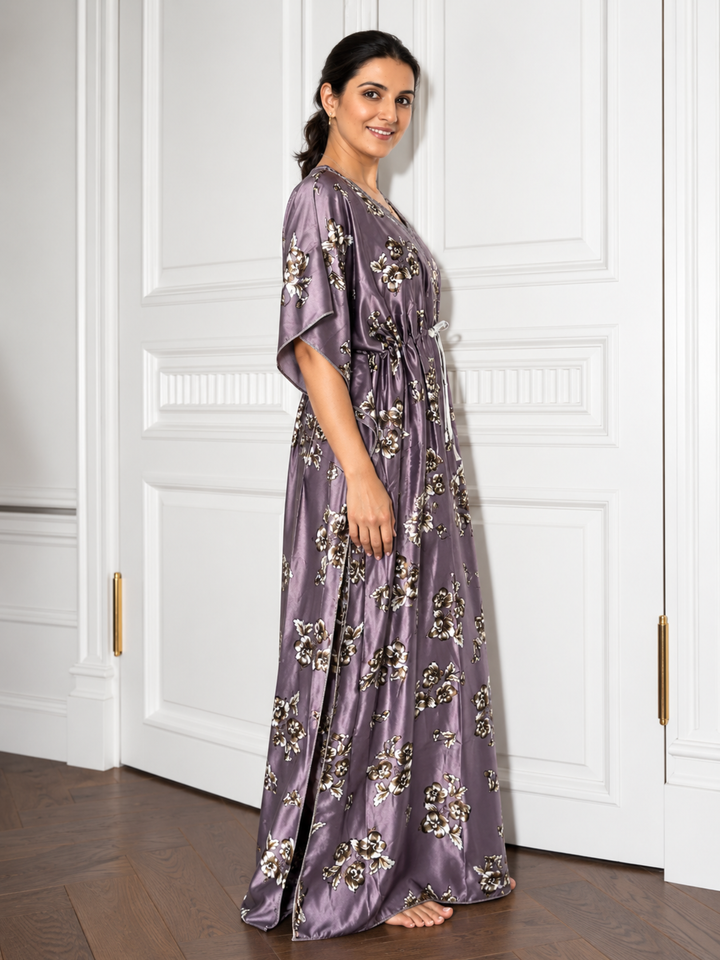 Lavender Floral Satin Kaftan Nighty for Women