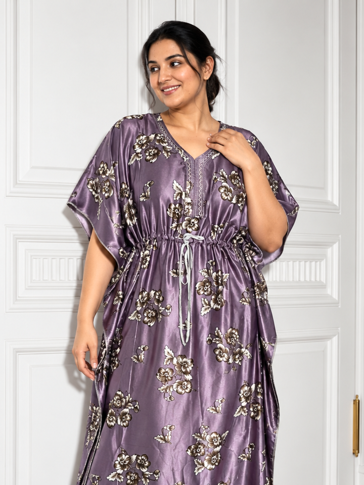 Lavender Floral Satin Kaftan Nighty for Women
