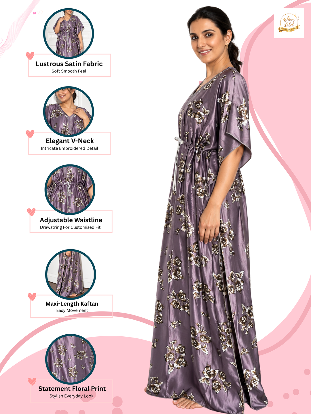 Lavender Floral Satin Kaftan Nighty for Women