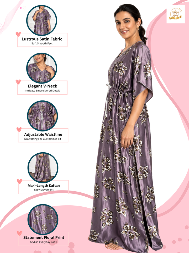 Lavender Floral Satin Kaftan Nighty for Women