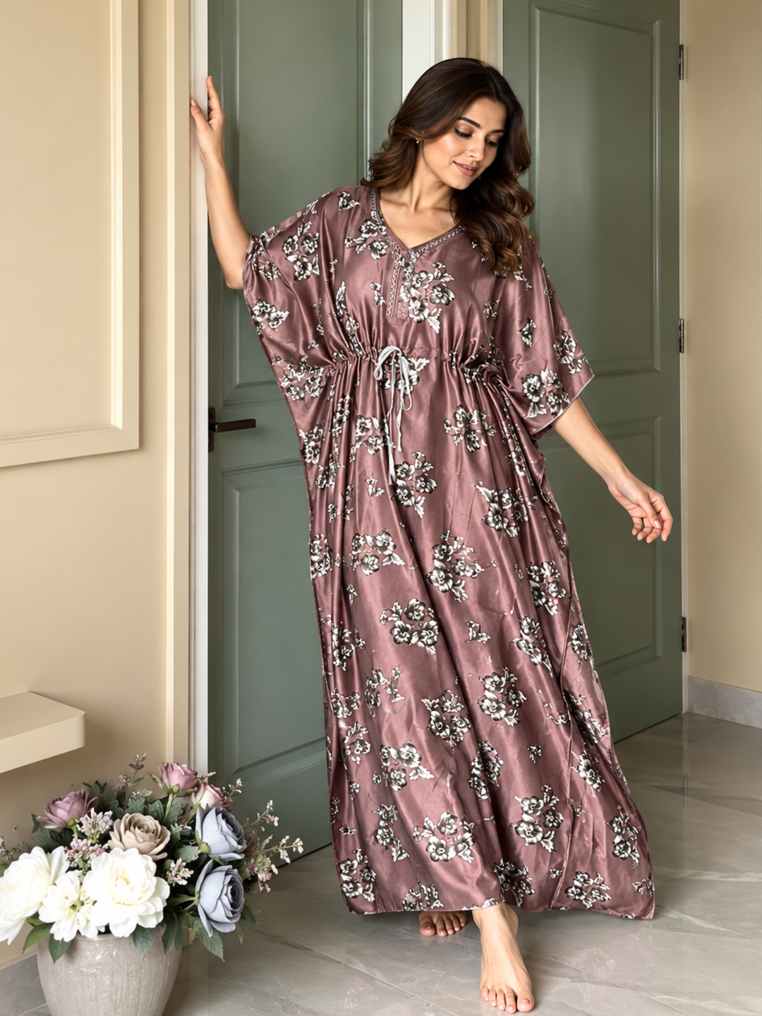 Satin Floral Kaftan Nighty with Adjustable Waist Taupe