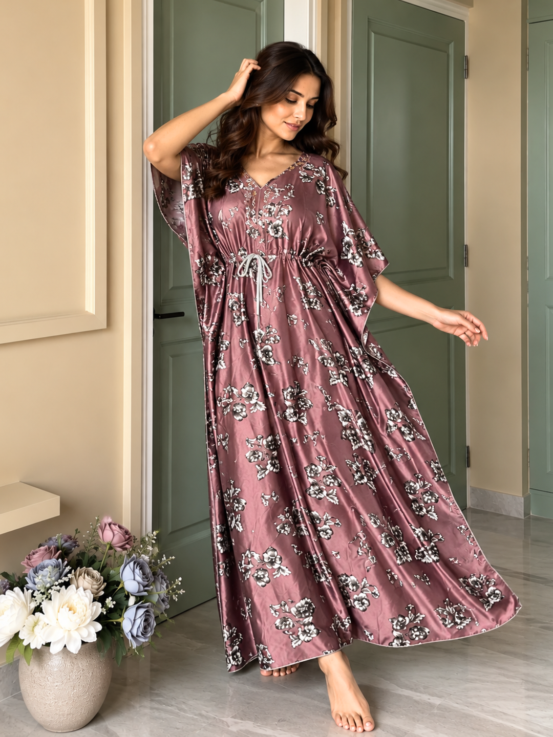 Satin Floral Kaftan Nighty with Adjustable Waist Taupe