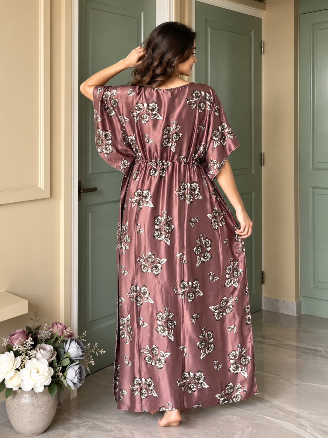 Satin Floral Kaftan Nighty with Adjustable Waist Taupe