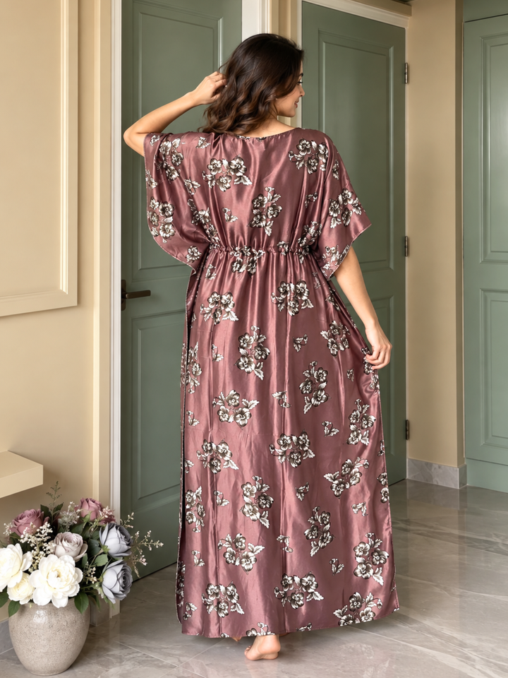 Satin Floral Kaftan Nighty with Adjustable Waist Taupe