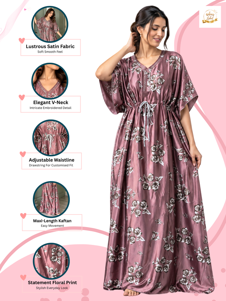 Satin Floral Kaftan Nighty with Adjustable Waist Taupe
