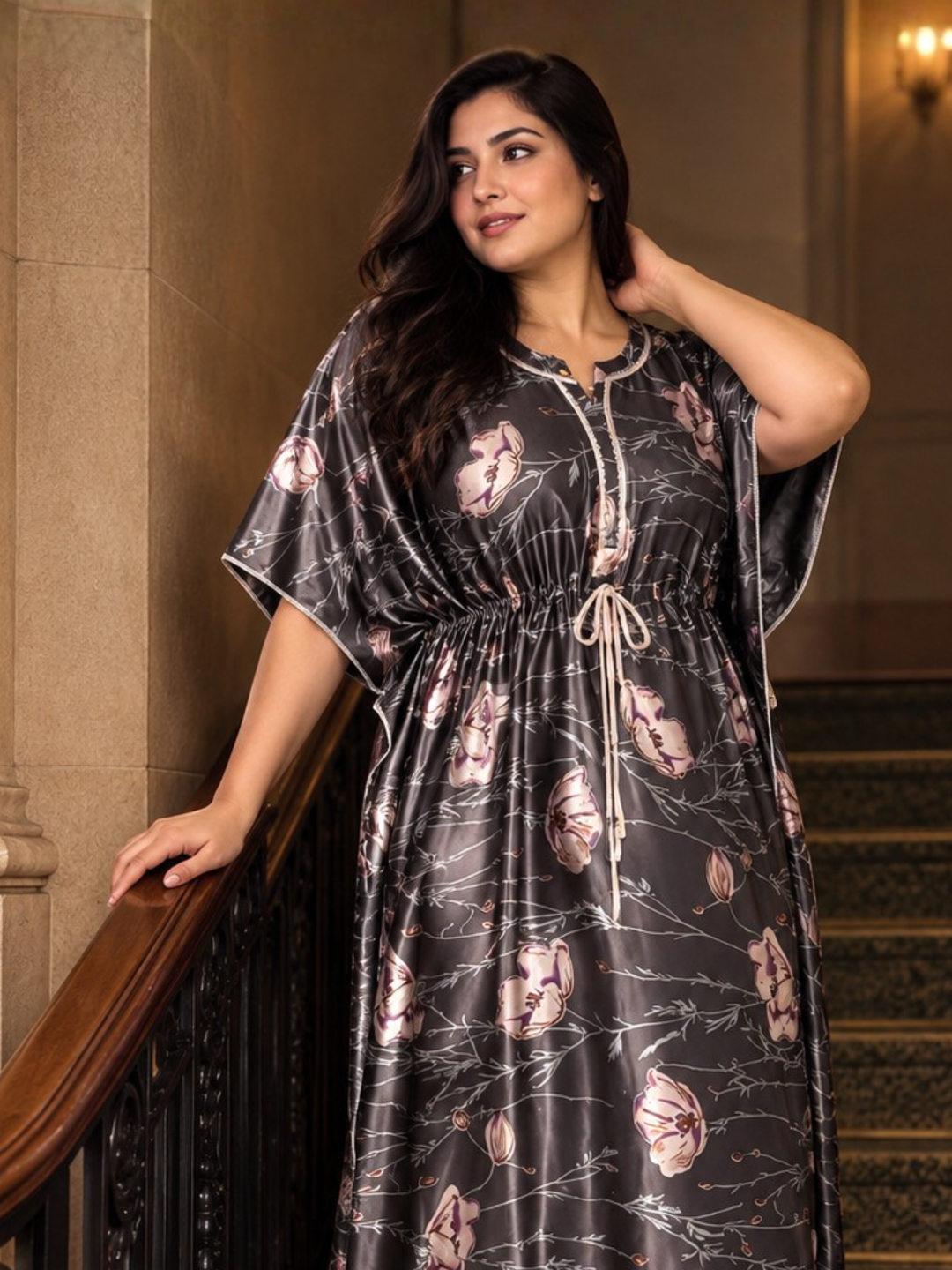 Floral Vine Satin Kaftan Nighty with Drawstring Waist Slate