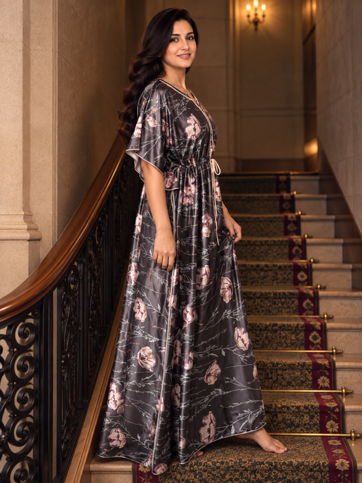 Floral Vine Satin Kaftan Nighty with Drawstring Waist Slate