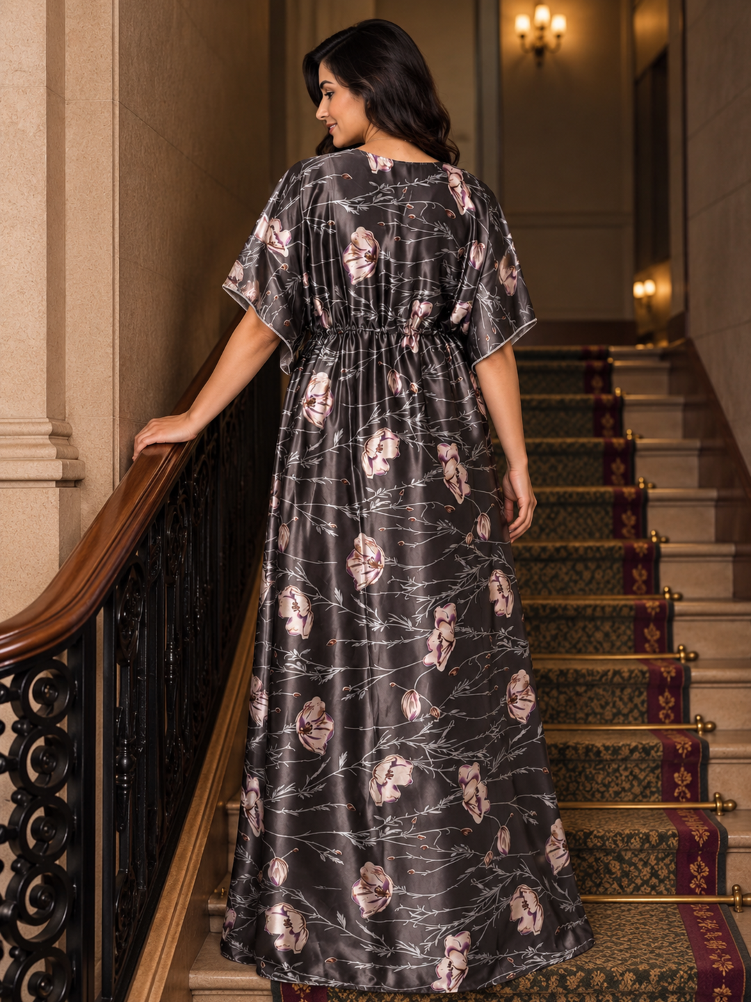 Floral Vine Satin Kaftan Nighty with Drawstring Waist Slate