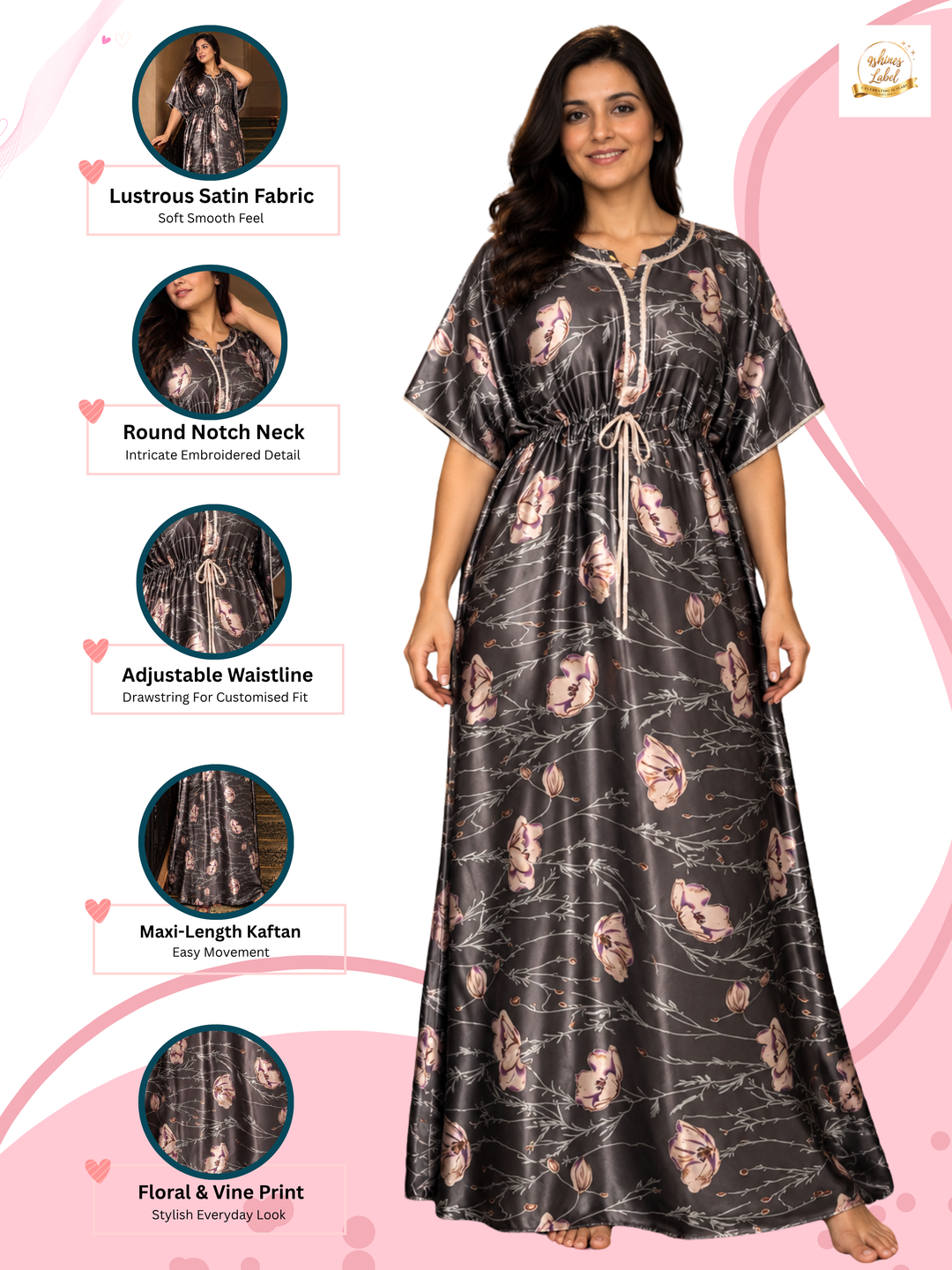 Floral Vine Satin Kaftan Nighty with Drawstring Waist Slate