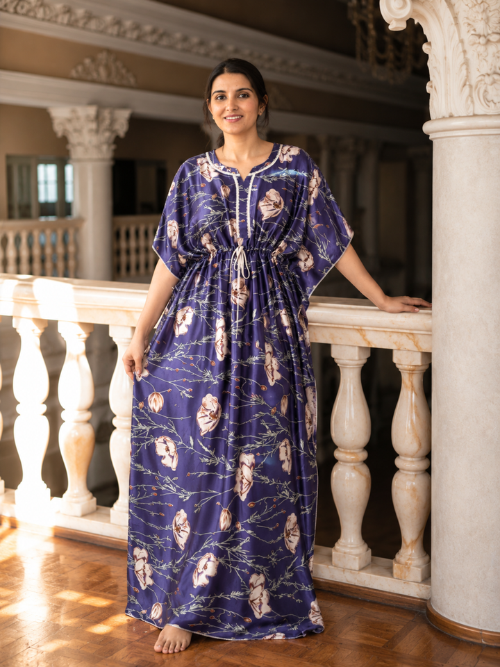 Luxurious Satin Kaftan Nighty with Floral Vine Print Violet