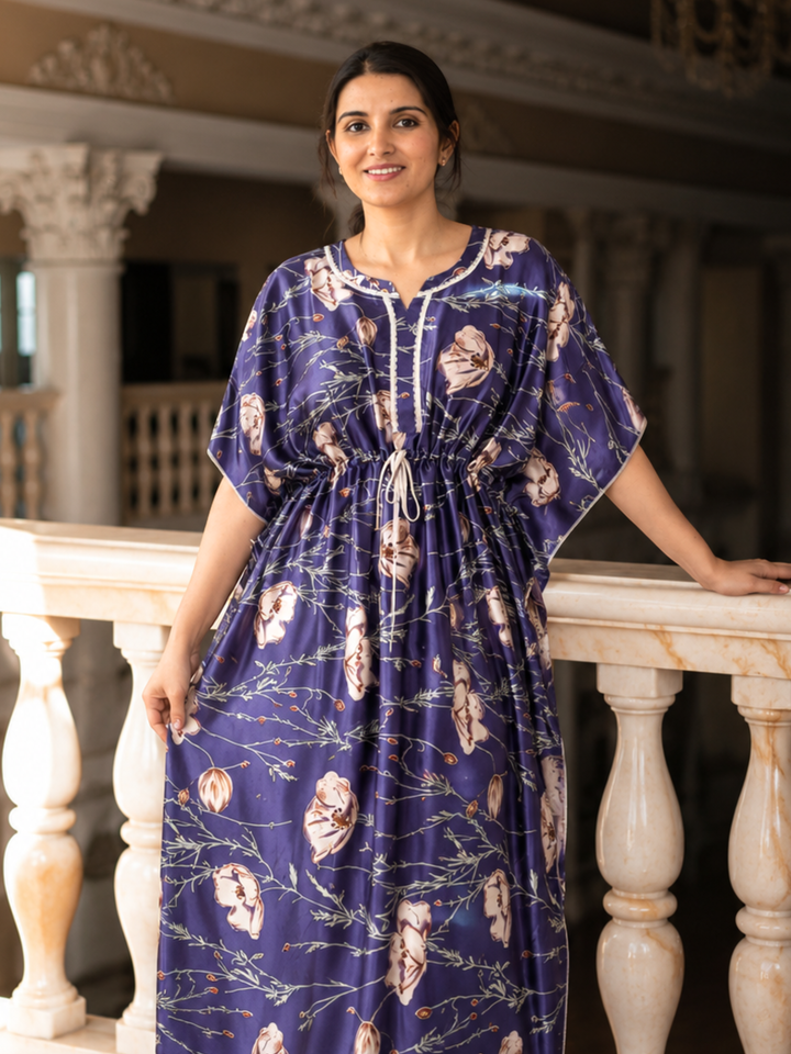 Luxurious Satin Kaftan Nighty with Floral Vine Print Violet