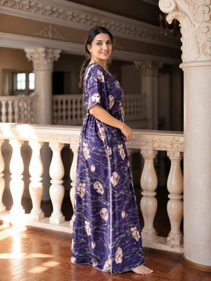 Luxurious Satin Kaftan Nighty with Floral Vine Print Violet