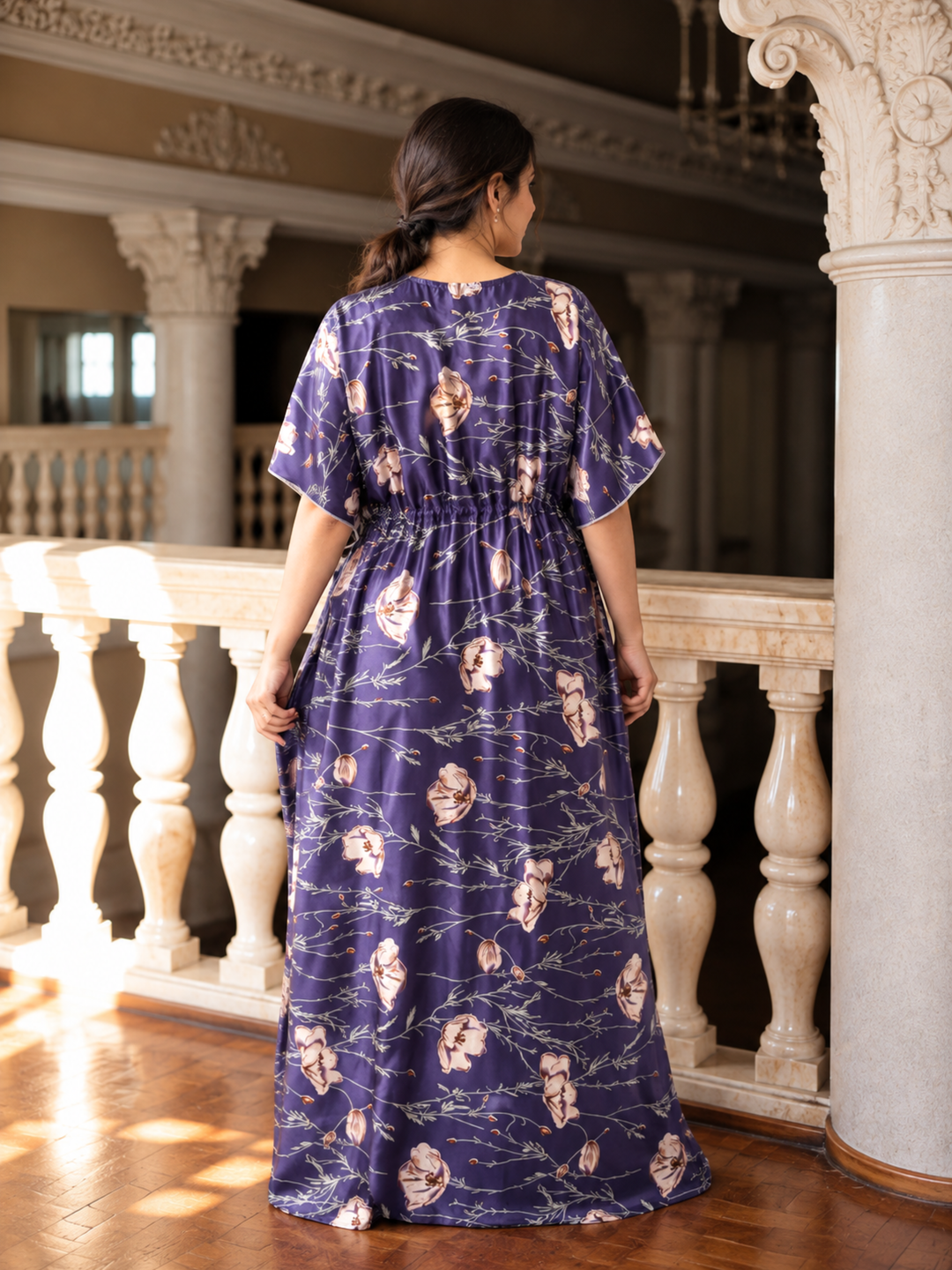 Luxurious Satin Kaftan Nighty with Floral Vine Print Violet