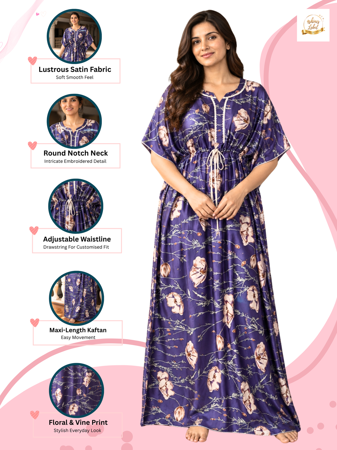 Luxurious Satin Kaftan Nighty with Floral Vine Print Violet