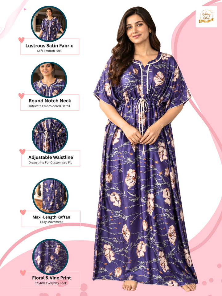 Luxurious Satin Kaftan Nighty with Floral Vine Print Violet