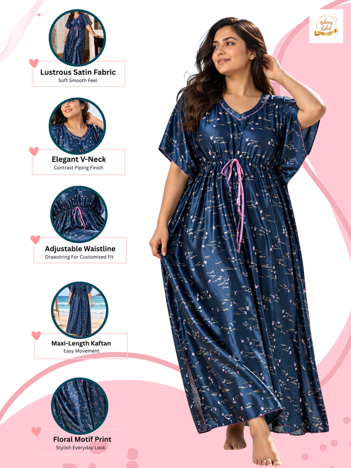 Floral Motif Satin Kaftan Nighty with Adjustable Waist