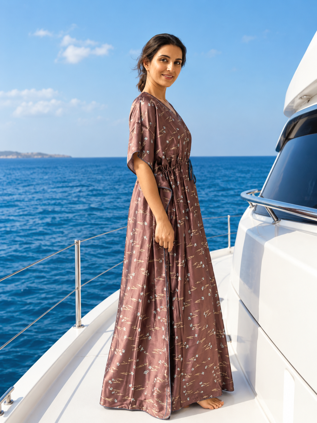 Satin Kaftan Nighty with Floral Motif Print and V Neck