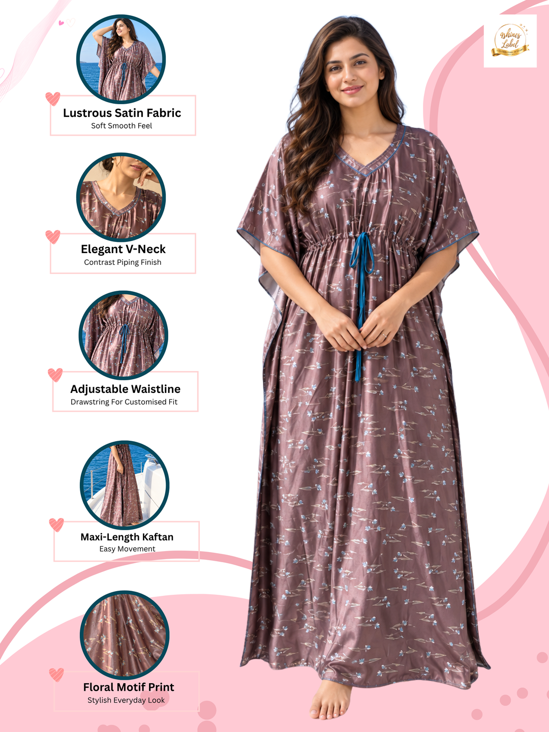 Satin Kaftan Nighty with Floral Motif Print and V Neck