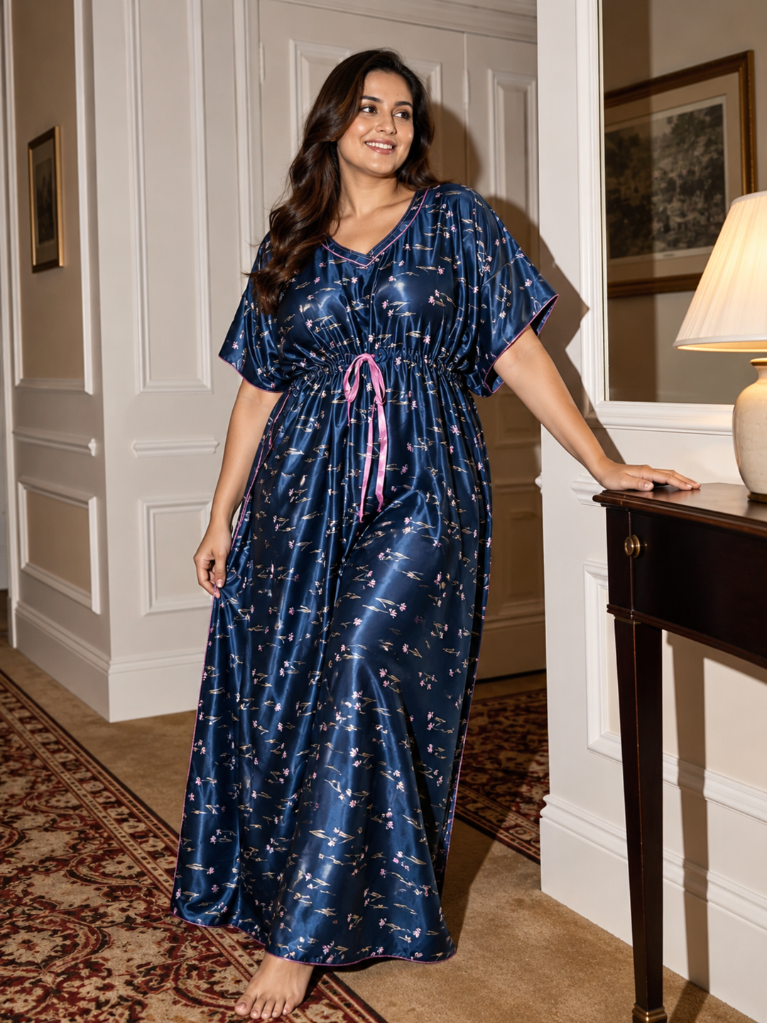 Floral Motif Satin Kaftan Nighty with Adjustable Waist