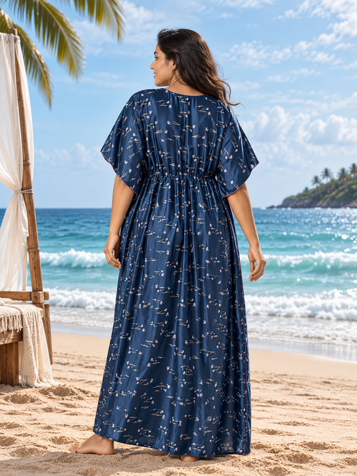 Floral Motif Satin Kaftan Nighty with Adjustable Waist