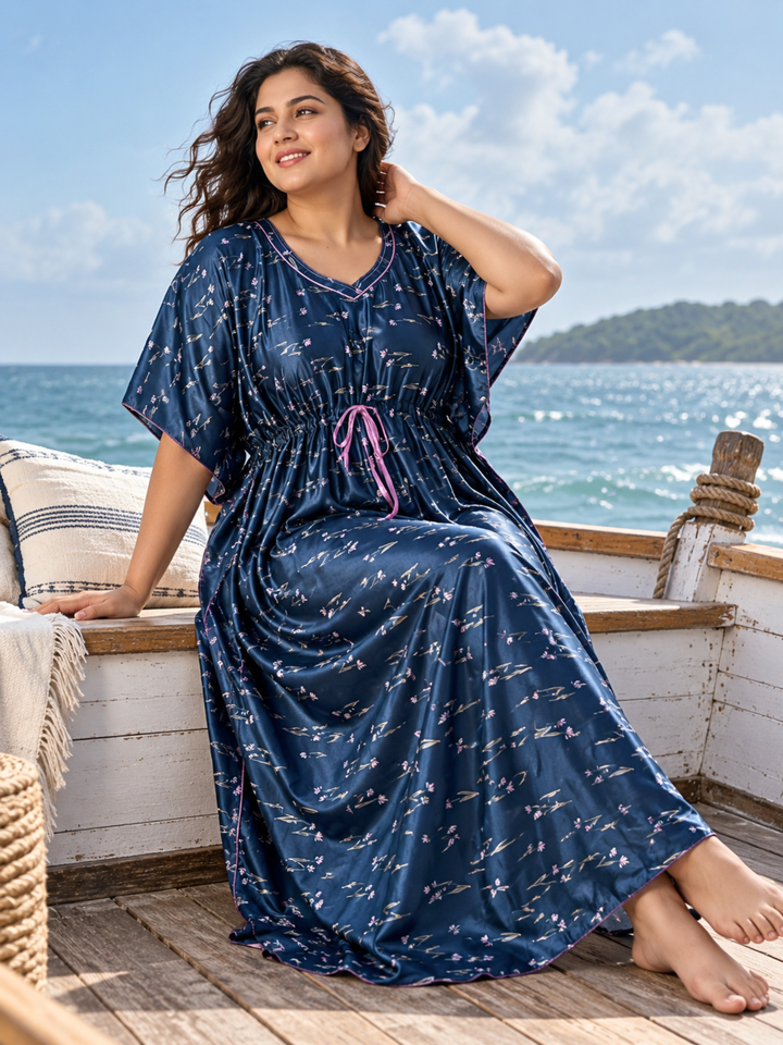 Floral Motif Satin Kaftan Nighty with Adjustable Waist