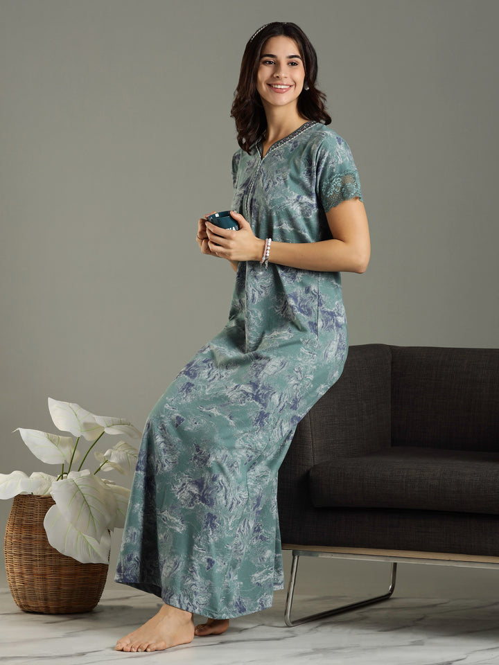 Hosiery Cotton Sea Green Nighty For Women with Pocket