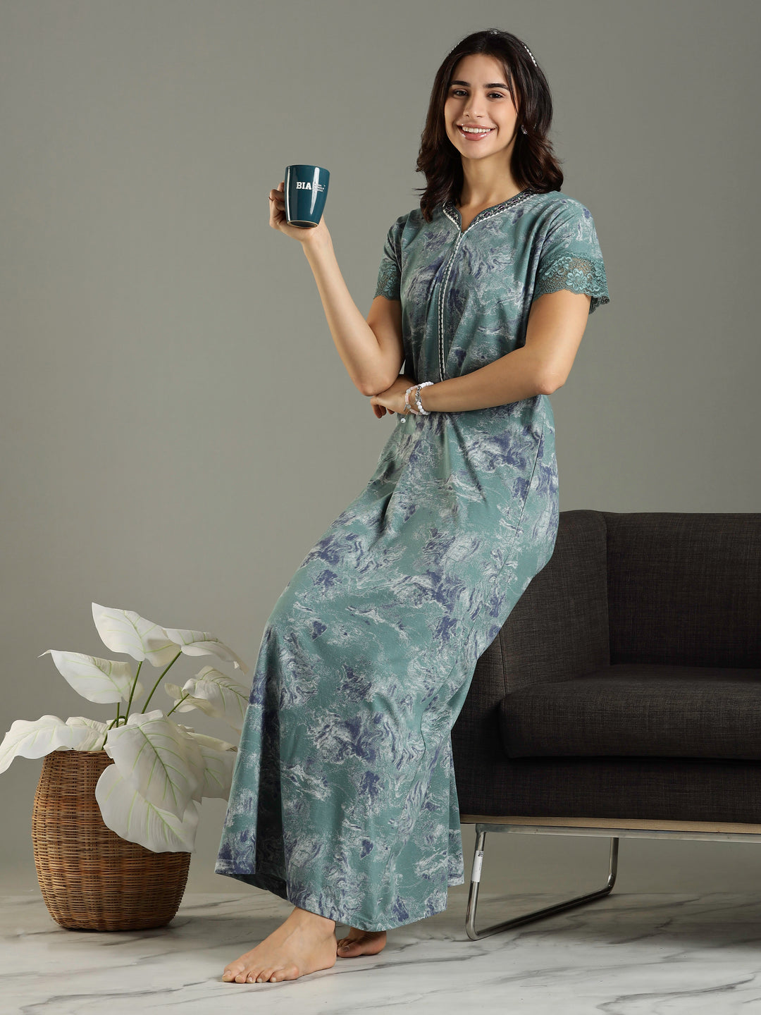 Hosiery Cotton Sea Green Nighty For Women with Pocket